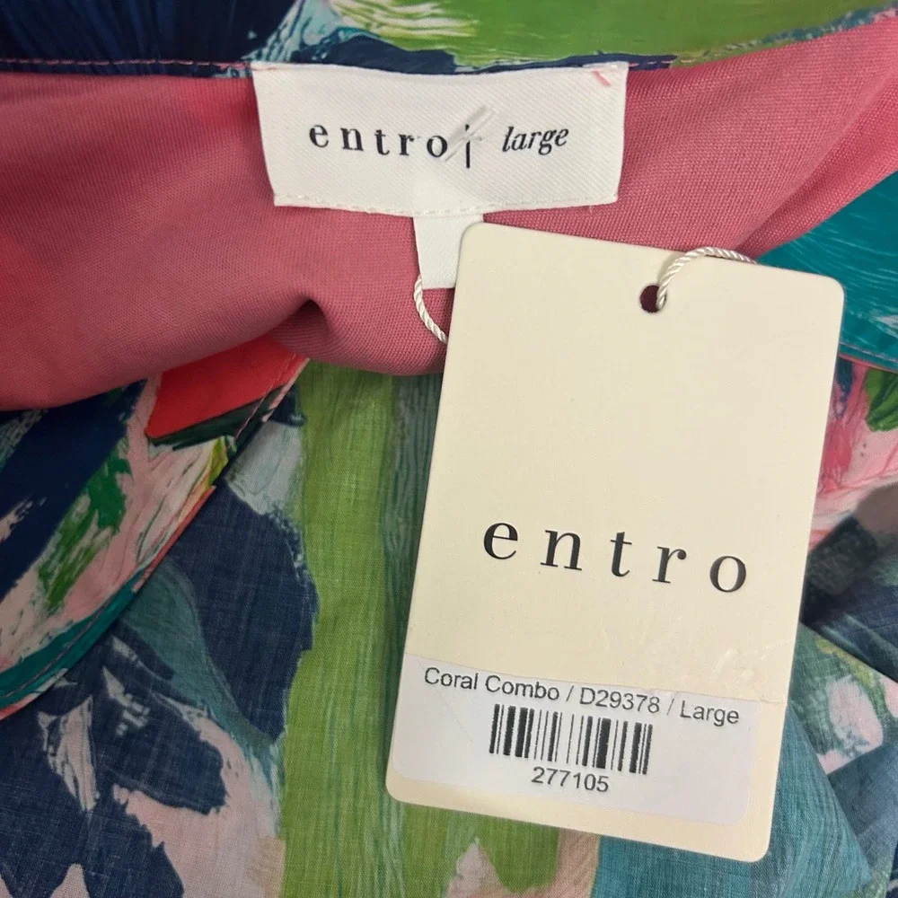 Entro Floral Maxi Dress Coral Combo Cotton Split Neck Large NEW - Picture 5 of 10